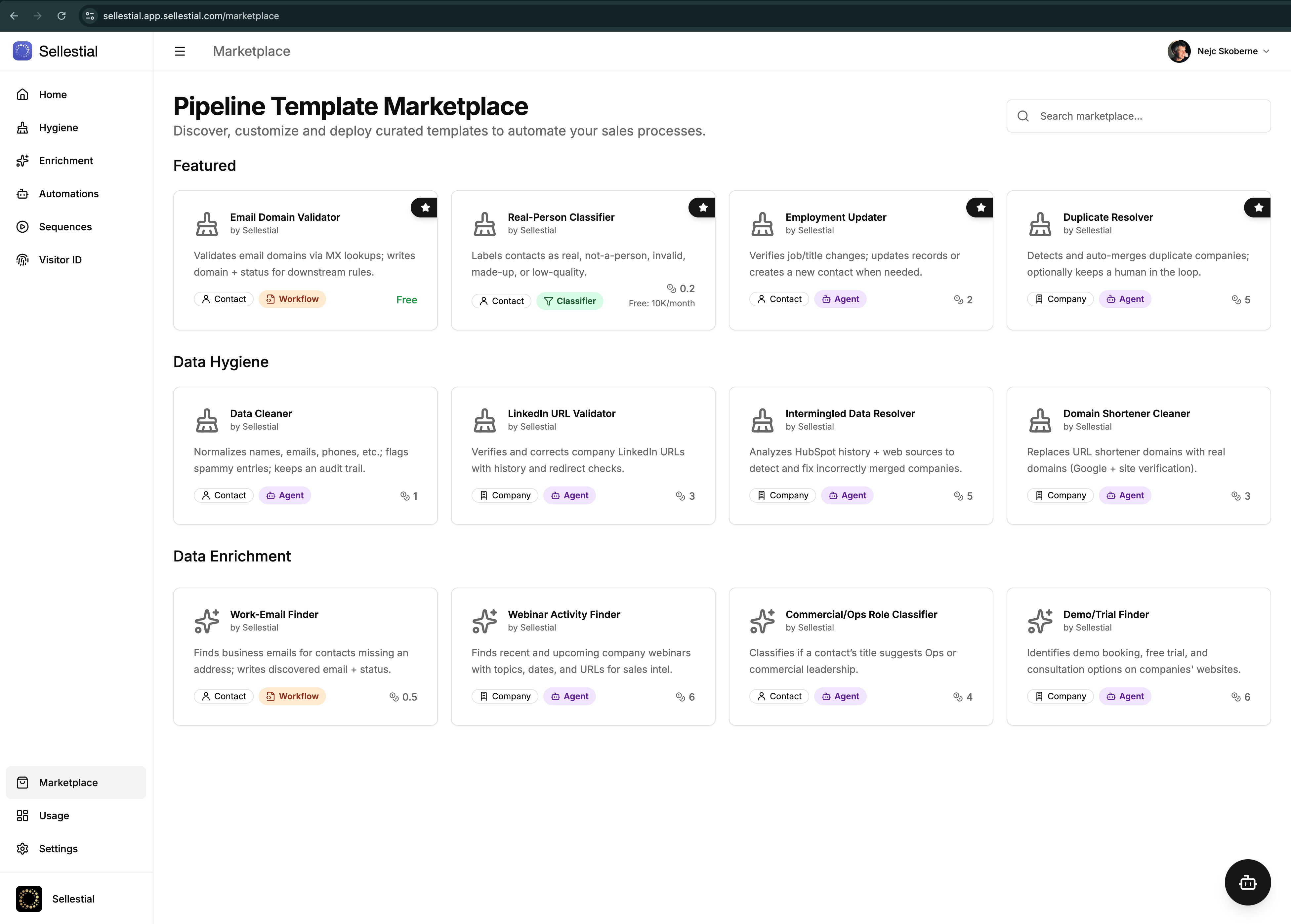 Sellestial Pipeline Template Marketplace showing AI agents for data hygiene and enrichment